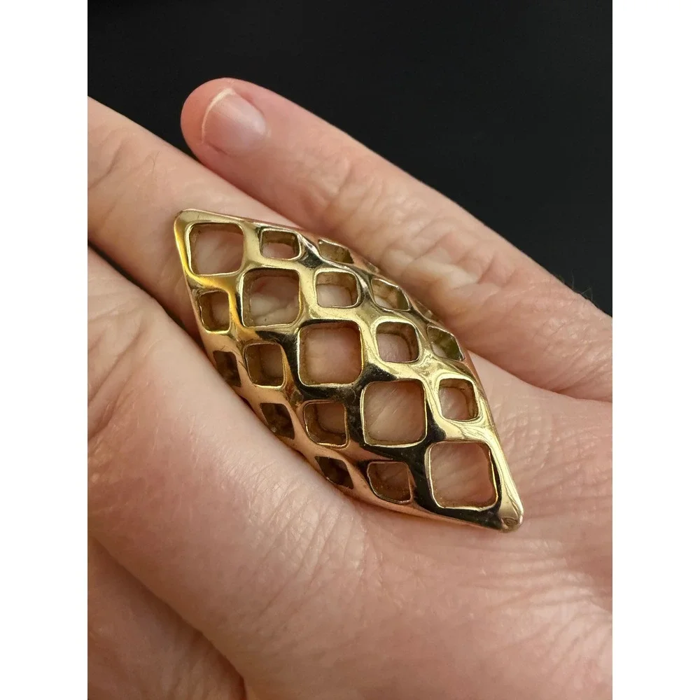 Modernist Ring Gold Tone Openwork Size 8 Signed CN